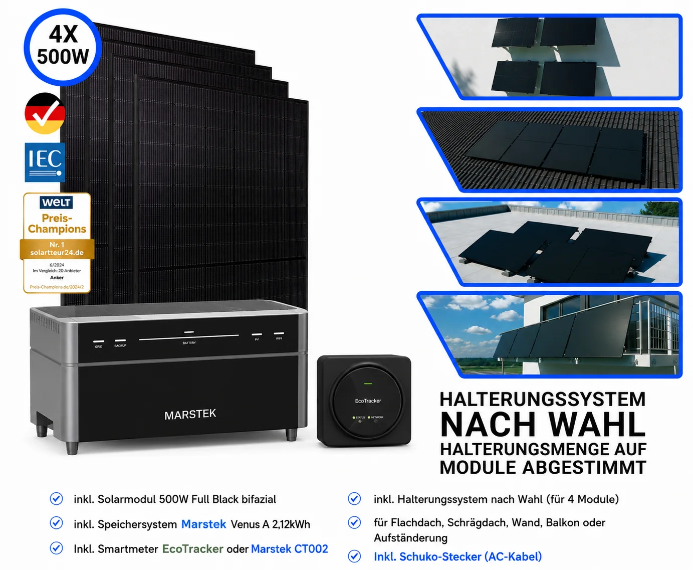 Balkonkraftwerk-Komplettset mit Solarmodulen und Speicher